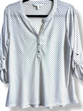 🎁Emily Daniels White Polka Dot Stretch Blouse Roll Tab Sleeves Size Large GUC